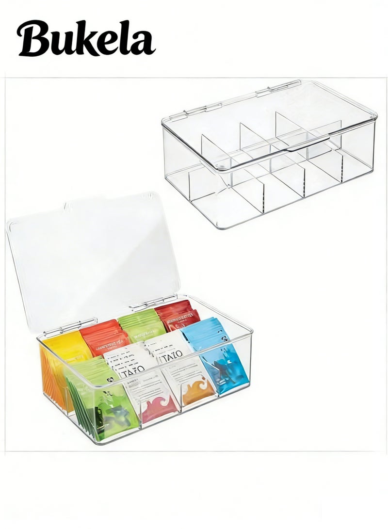 كيلا صندوق تخزين أكياس الشاي سهل الاختيار - صندوق تخزين شاي واحد بثمانية أقسام، يتسع لـ 100 كيس شاي في كل قسم - منظم شاي - صندوق تخزين أكياس الشاي - شفاف - Image 1